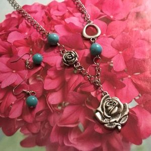 Silver & turquoise rose necklace set NWT